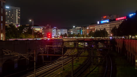 Copenhagen-Railway-Timelapse:-Nighttime-Urban-&-Bridge-Scene
